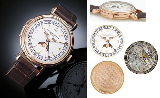 VACHERON CONSTANTIN. AN EXTREMELY FINE, RARE AND HISTORICALLY IMPORTANT OVERSIZED 18K PINK GOLD MINUTE REPEATING TRIPLE CALENDAR WRISTWATCH WITH TWO-TONE DIAL AND MOON PHASES