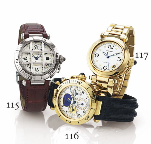 CARTIER. AN 18K GOLD AUTOMATIC WRISTWATCH WITH CENTER SECONDS, DATE AND BRACELET