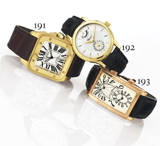 CARTIER. AN OVERSIZED 18K GOLD SQUARE AUTOMATIC WRISTWATCH WITH CENTER SECONDS