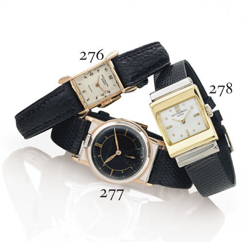 PATEK PHILIPPE. A RARE 18K TWO-COLOR GOLD WRISTWATCH WITH BLACK DIAL