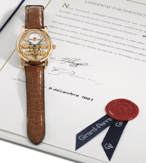 Girard-Perregaux. A very fine and rare 18K pink gold wristwatch with three gold bridges and visible one minute tourbillon