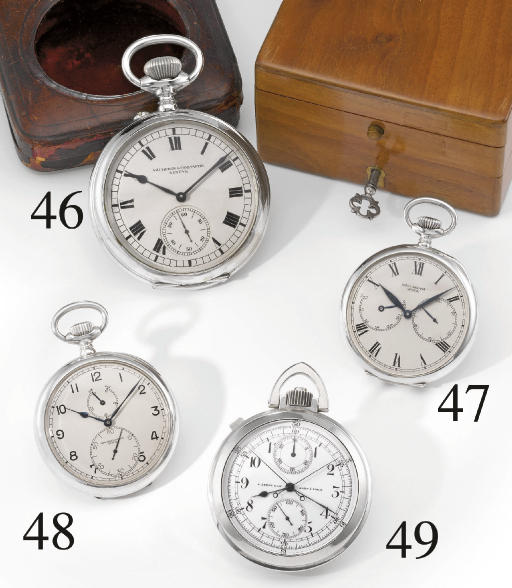 Patek Philippe. A very fine and rare silver openface keyless lever display watch with up and down indicator, Guillaume balance, hack feature and wooden box