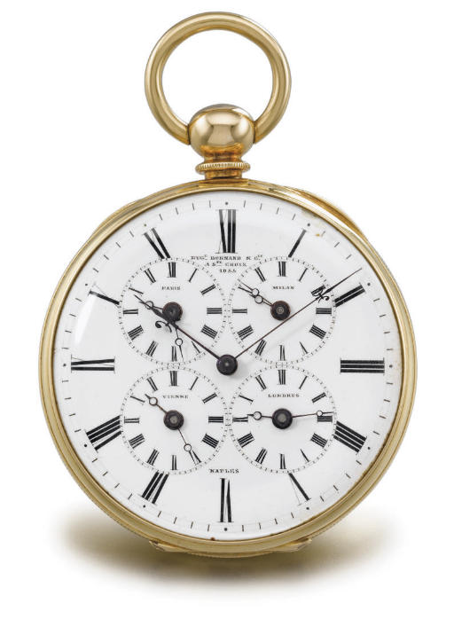 Bornand. An unusual 18K gold openface five time zones watch