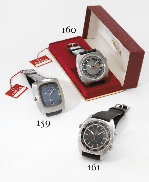 Omega. An unusual and large stainless steel tonneau-shaped water-resistant stop-seconds dual time chronograph wristwatch