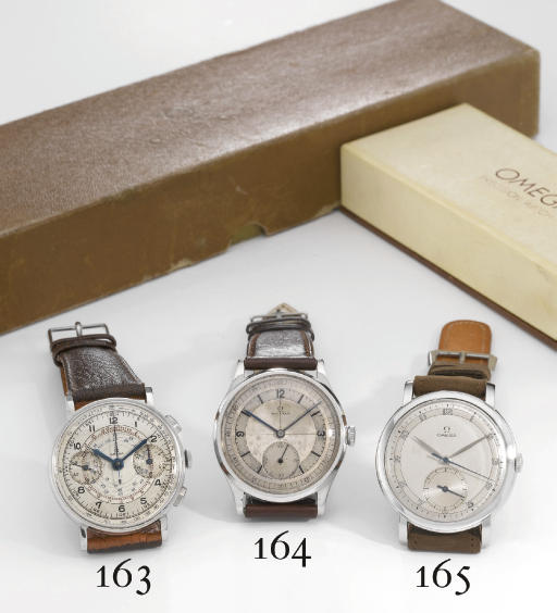 Omega. A highly rare and unusual large stainless steel wristwatch with two-tone silvered dial, sweep centre and subsidiary seconds