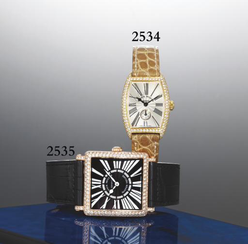 FRANCK MULLER. A LADY'S 18K GOLD AND DIAMOND-SET TONNEAU-SHAPED WRISTWATCH