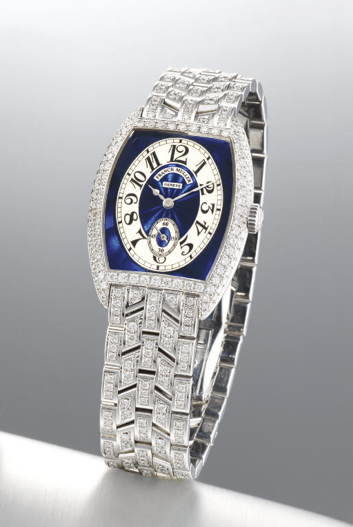 FRANCK MULLER. A FINE AND RARE 18K WHITE GOLD AND DIAMOND-SET WRISTWATCH WITH ENAMEL DIAL AND BRACELET