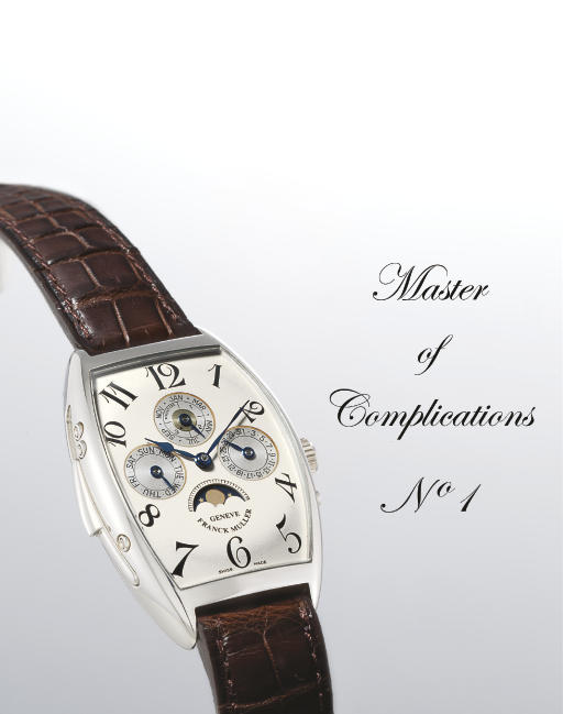 FRANCK MULLER. A VERY RARE AND EARLY PLATINUM TONNEAU-SHAPED MINUTE REPEATING PERPETUAL CALENDAR WRISTWATCH WITH PHASES OF THE MOON