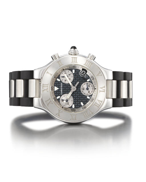 CARTIER. A STAINLESS STEEL CHRONOGRAPH WRISTWATCH WITH DATE
