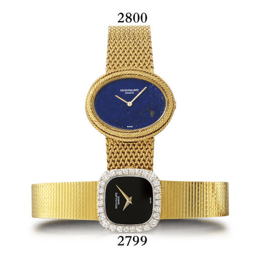 PATEK PHILIPPE. A LADY'S 18K TWO-COLOUR GOLD AND DIAMOND-SET SQUARE WRISTWATCH WITH BRACELET AND ONYX DIAL