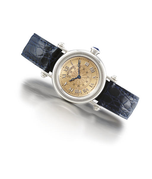 CARTIER. A FINE AND RARE PLATINUM LIMITED EDITION WRISTWATCH WITH 24 HOUR INDICATION