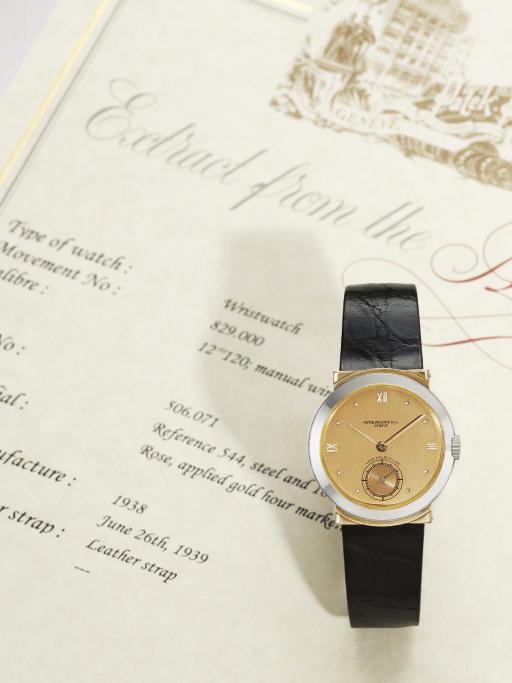 PATEK PHILIPPE. A FINE AND RARE STAINLESS STEEL AND PINK GOLD WRISTWATCH