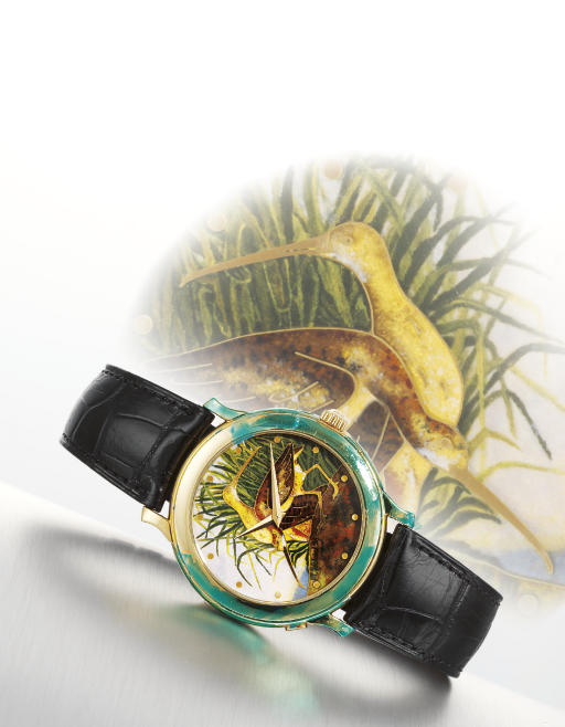 VACHERON CONSTANTIN. A VERY FINE AND RARE 18K GOLD AUTOMATIC WRISTWATCH WITH CLOISONN
