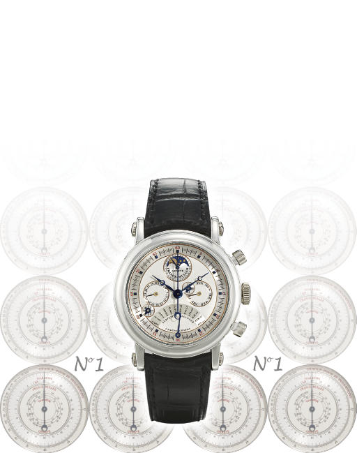 FRANCK MULLER. A FINE AND RARE PLATINUM DOUBLE-FACED AUTOMATIC PERPETUAL CALENDAR CHRONOGRAPH WRISTWATCH WITH RETROGRADE EQUATION OF TIME AND PHASES OF THE MOON