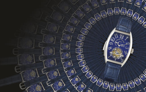 FRANCK MULLER. A VERY FINE AND RARE 18K WHITE GOLD MINUTE REPEATING TOURBILLON WRISTWATCH WITH REPEATING POWER INDICATOR AND BLUE ENAMEL DIAL