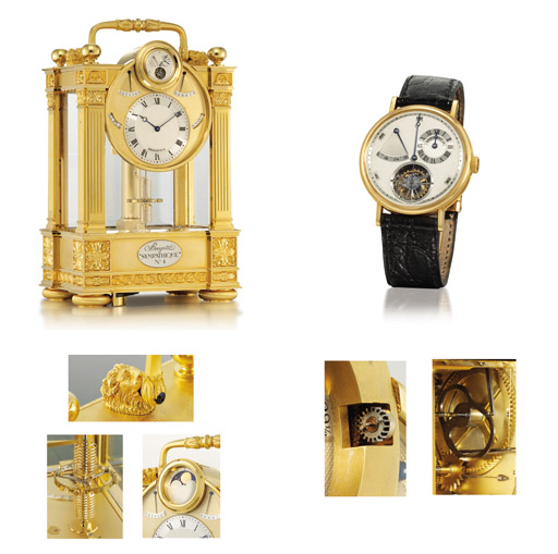 BREGUET. A MAGNIFICENT AND VERY RARE GILT BRONZE FULL CALENDAR, EQUATION OF TIME, THERMOMETER, POWER RESERVE, SPRING DETENT CLOCK WITH MOONPHASE, TOGETHER WITH AN 18K GOLD ONE MINUTE TOURBILLON POWER RESERVE WRISTWATCH WITH REGULATOR DIAL