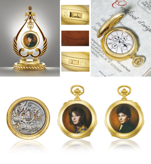 PATEK PHILIPPE. A VERY RARE AND UNIQUE 18K GOLD HUNTER CASE MINUTE REPEATING GRANDE SONNERIE PERPETUAL CALENDAR SPLIT SECONDS CHRONOGRAPH KEYLESS LEVER CLOCK WATCH WITH PHASES OF THE MOON, WITH PAINTED ENAMEL COVERS, MADE TO SPECIAL ORDER BY G. MENNI