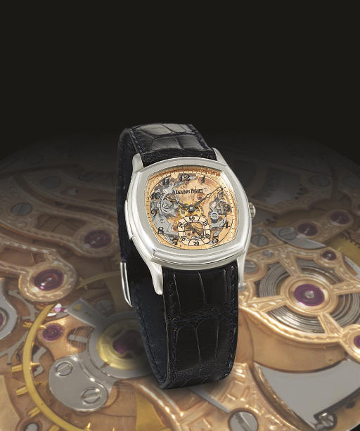 AUDEMARS PIGUET. A FINE AND RARE LIMITED EDITION PLATINUM CUSHION-SHAPED SKELETONISED MINUTE REPEATING WRISTWATCH