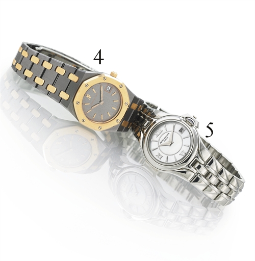 PATEK PHILIPPE. A LADY'S RARE STAINLESS STEEL AND MOTHER-OF-PEARL WRISTWATCH WITH DATE AND BRACELET