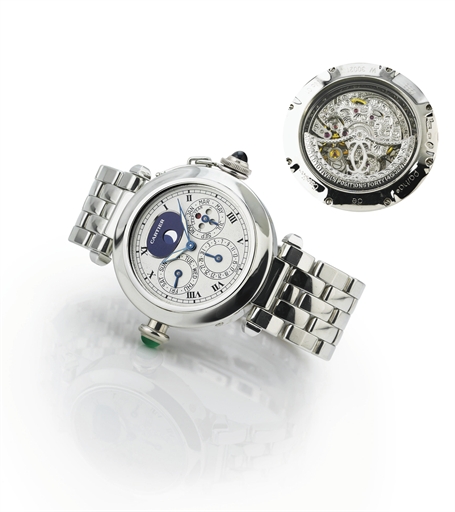 CARTIER. A FINE AND RARE PLATINUM AUTOMATIC MINUTE REPEATING PERPETUAL CALENDAR WRISTWATCH WITH MOON PHASES AND BRACELET