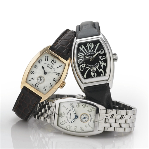 FRANCK MULLER. A GROUP OF THREE LADY'S TONNEAU WRISTWATCHES