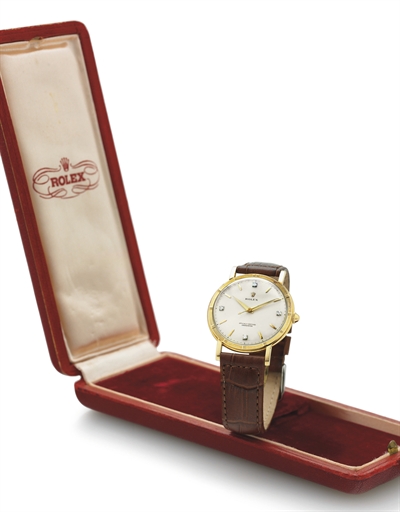 ROLEX. A FINE AND RARE 18K GOLD AND DIAMOND WRISTWATCH WITH CENTER SECONDS