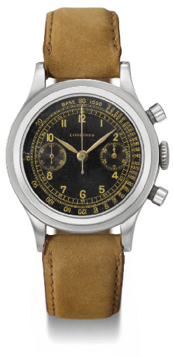 Longines. A fine and rare stainless steel water-resistant chronograph wristwatch with black dial