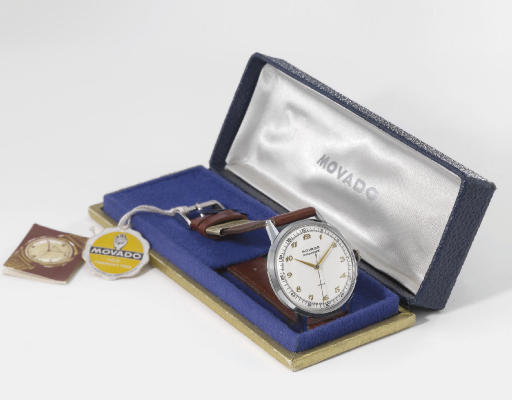 Movado. A stainless steel self-winding wristwatch with sweep centre seconds, Breguet numerals, original sales tags and box