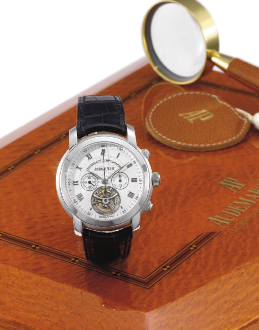 Audemars Piguet. A very fine, large and rare 18K white gold chronograph wristwatch with one minute tourbillon