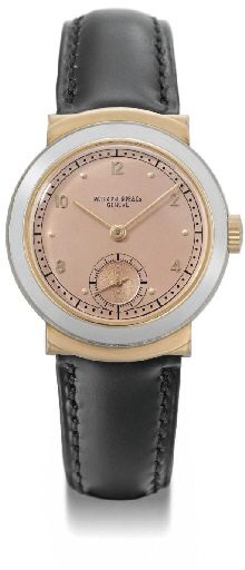 Patek Philippe. A rare and unusual stainless steel and pink gold wristwatch with pink dial and hooded lugs