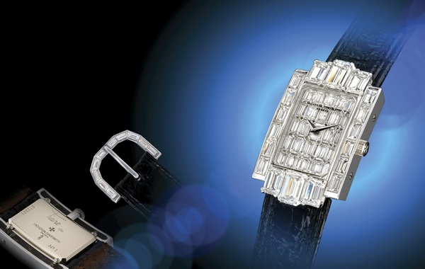 VACHERON CONSTANTIN, TIARE.EXCEPTIONAL AND IMPRESSIVE, VERY FINE AND RARE, 18K WHITE GOLD MANUAL-WINDING RECTANGULAR WRISTWATCH SET WITH 44 EMERALD-CUT DIAMONDS WEIGHING 14.16 CTS