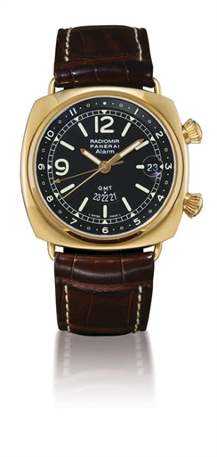 PANERAI, RADIOMIR GMT ALARM.18K GOLD SELF-WINDING CUSHION-SHAPED TWO-TIME-ZONE WRISTWATCH WITH SWEEP SECONDS, DATE DISPLAY AND ALARM FUNCTION