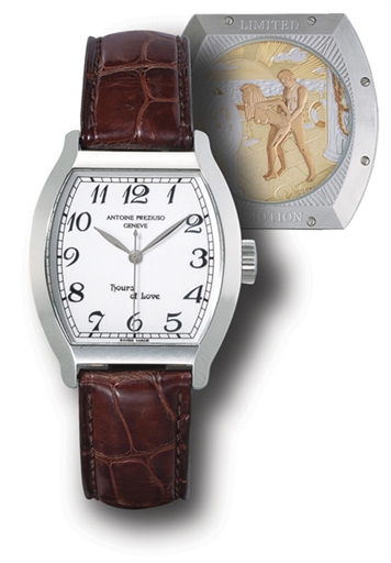 ANTOINE PREZIUSO, HOURS OF LOVE.STAINLESS STEEL MANUAL-WINDING TONNEAU-SHAPED WRISTWATCH WITH SWEEP SECONDS AND CONCEALED EROTIC AUTOMATON, LIMITED EDITION OF 69 PIECES