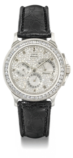 Corum. A fine and rare platinum and diamond-set automatic wristwatch with date and power reserve