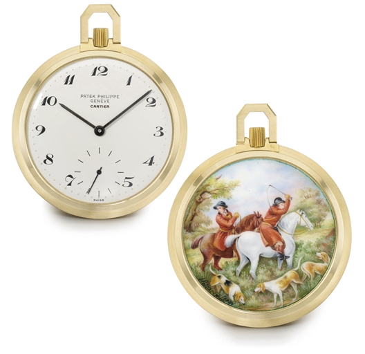 Patek Philippe. A very fine and unique 18K gold openface keyless lever watch with enamel miniature after George Morland by L. Pellarin-Leroy