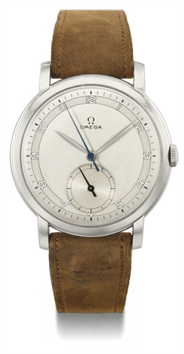 Omega. A very rare and unusual large stainless steel wristwatch with two-tone silvered dial, sweep centre and subsidiary seconds