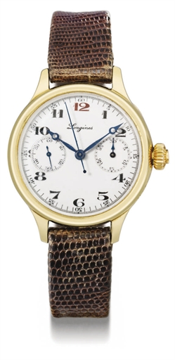 Longines. A fine and early 18K gold single button chronograph wristwatch with enamel dial