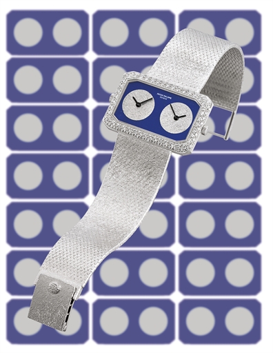 PATEK PHILIPPE, REF. 4404/1.WHITE GOLD AND DIAMOND-SET MANUAL-WINDING DUAL-TIME BRACELET WATCH WITH LAPIS LAZULI DIAL