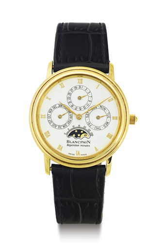 BLANCPAIN. A FINE 18K GOLD AUTOMATIC PERPETUAL CALENDAR MINUTE REPEATING WRISTWATCH WITH MOON PHASES