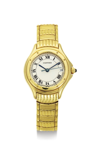 CARTIER. A LADY'S 18K GOLD BRACELET WATCH WITH CENTER SECONDS AND DATE