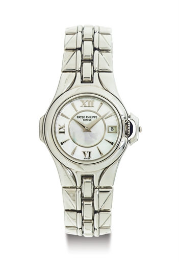 PATEK PHILIPPE. A LADY'S RARE STAINLESS STEEL AND MOTHER-OF-PEARL WRISTWATCH WITH DATE AND BRACELET