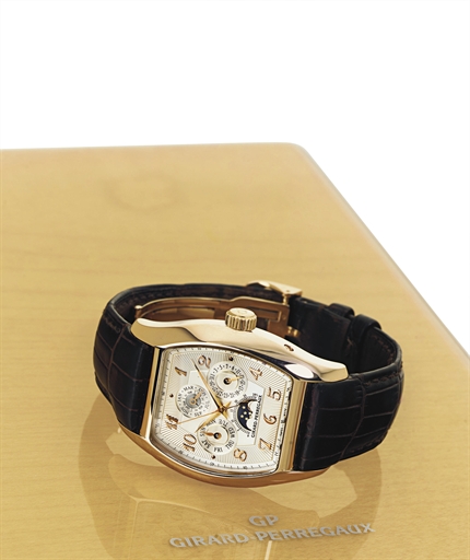 GIRARD-PERREGAUX. A FINE AND RARE LIMITED EDITION 18K PINK GOLD AUTOMATIC PERPETUAL CALENDAR WRISTWATCH WITH CENTER SECONDS AND MOON PHASES