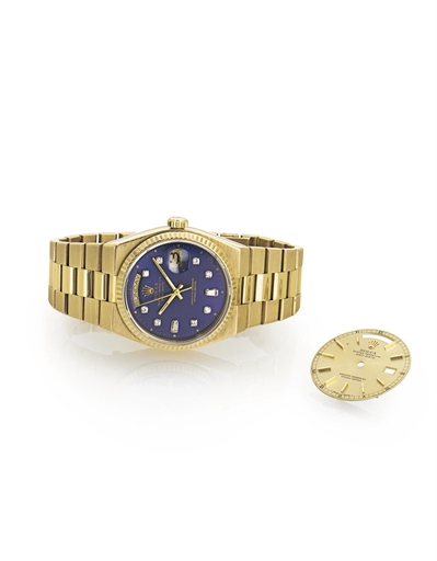 ROLEX. AN 18K GOLD AND DIAMOND WRISTWATCH WITH DAY, DATE AND BRACELET