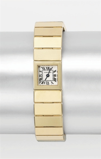 Cartier. An 18K gold square wristwatch with bracelet