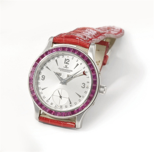 Jaeger-LeCoultre. A fine and rare platinum and ruby-set automatic triple calendar wristwatch