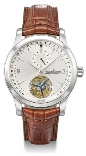 Jaeger-LeCoultre. A fine and large stainless steel automatic dual time zone one minute tourbillon wristwatch with date