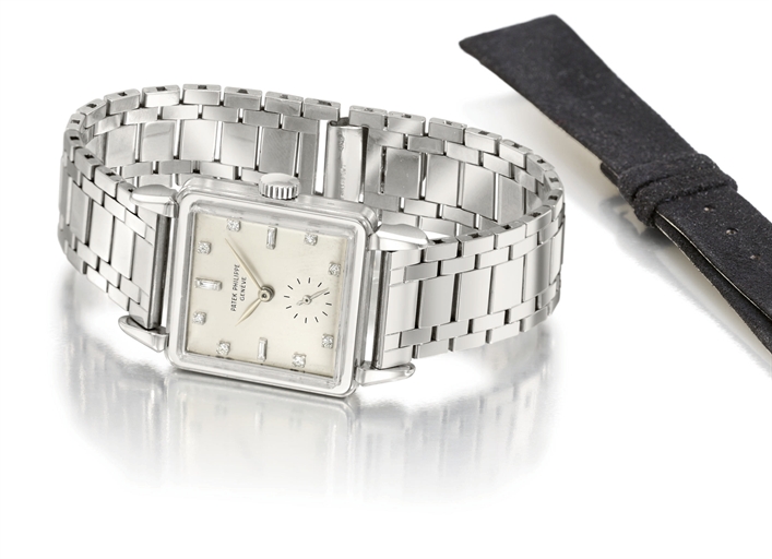 Patek Philippe. A rare and unusual platinum and diamond-set square wristwatch