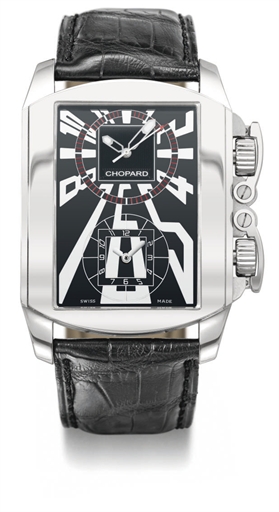 Chopard. A large stainless steel rectangular dual time wristwatch with black dial and two automatic movements