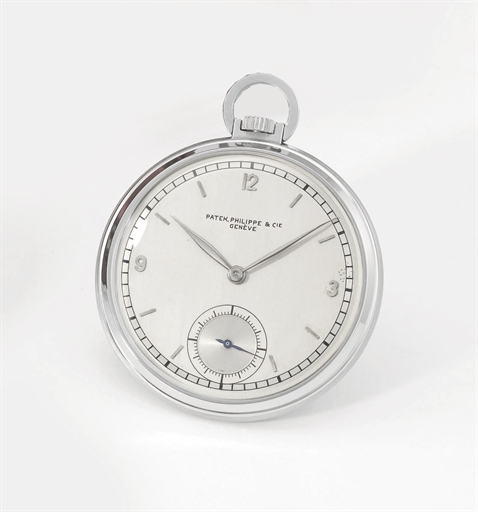 Patek Philippe. A stainless steel openface keyless lever watch with two-tone silvered dial