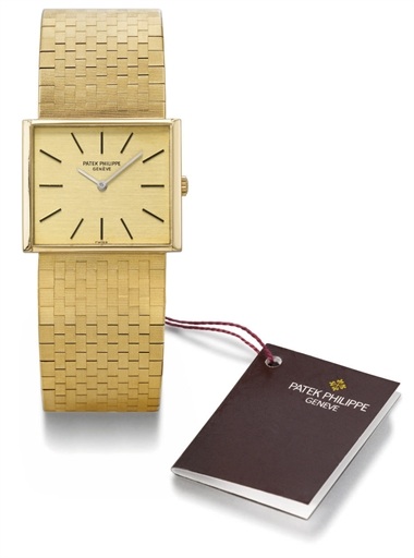 Patek Philippe. A rare 18K gold square wristwatch with bracelet